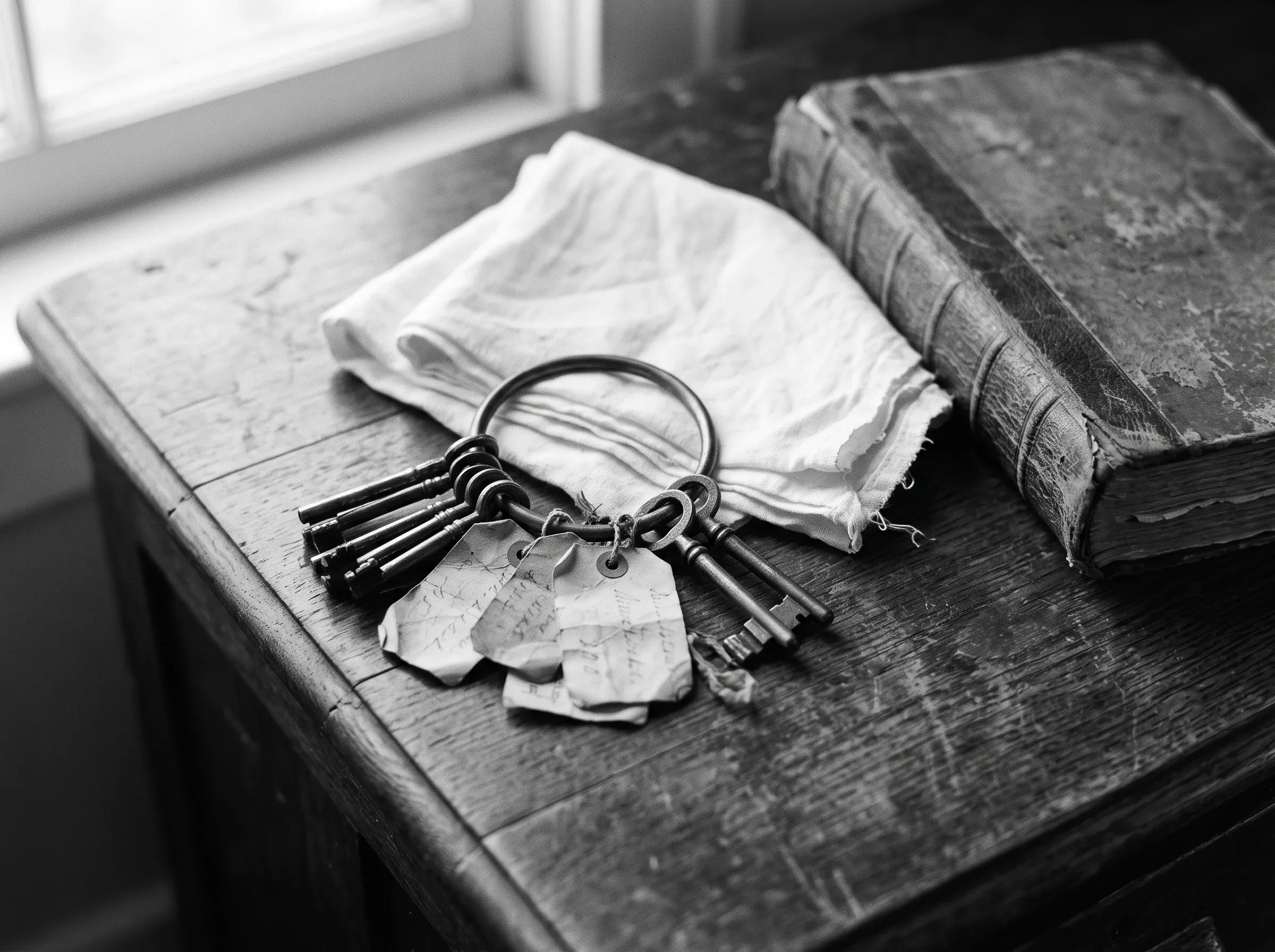 A bunch of old labelled keys resting on folded linen beside a ledger.