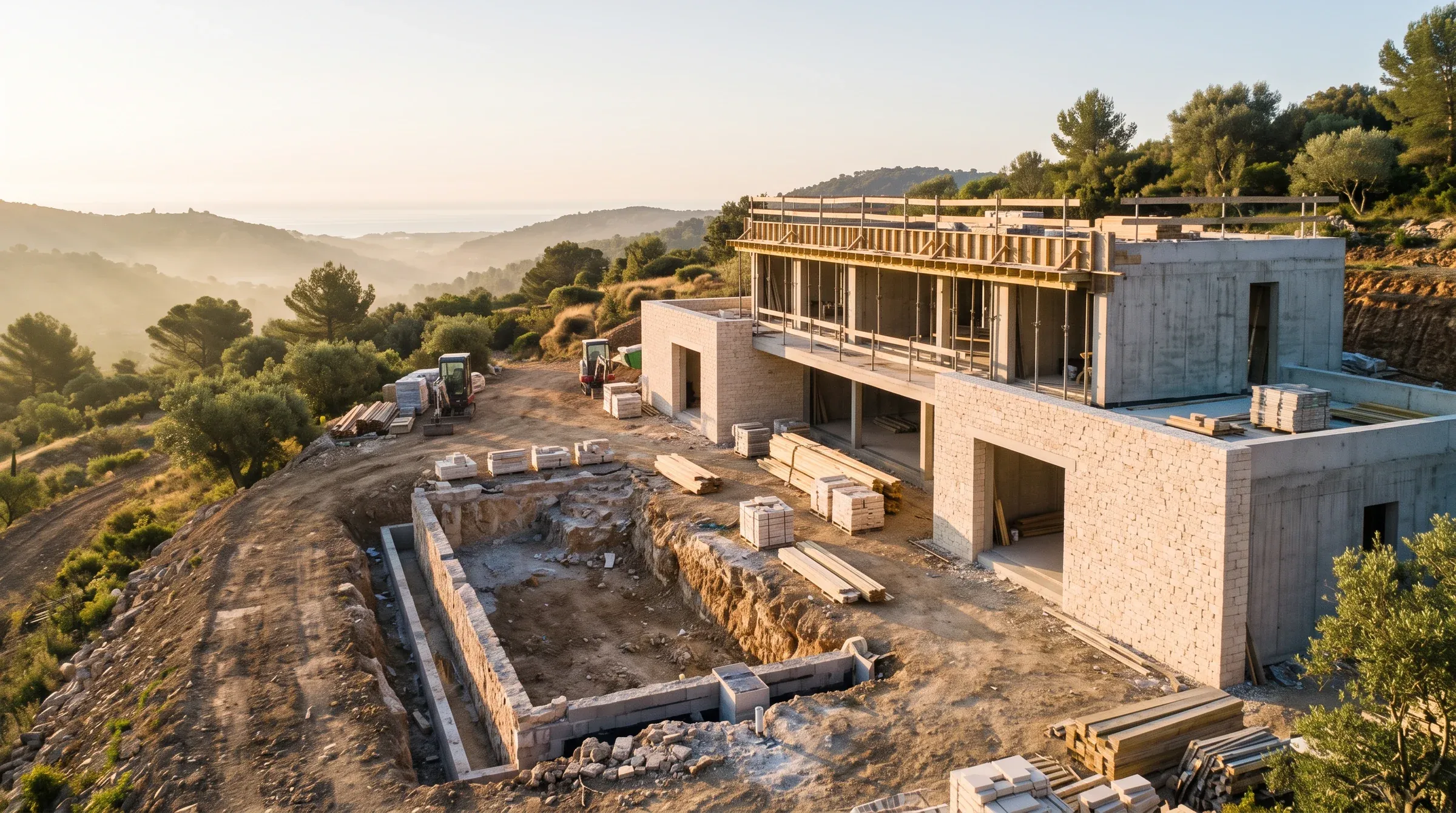 A contemporary villa at sunrise, above the hills.