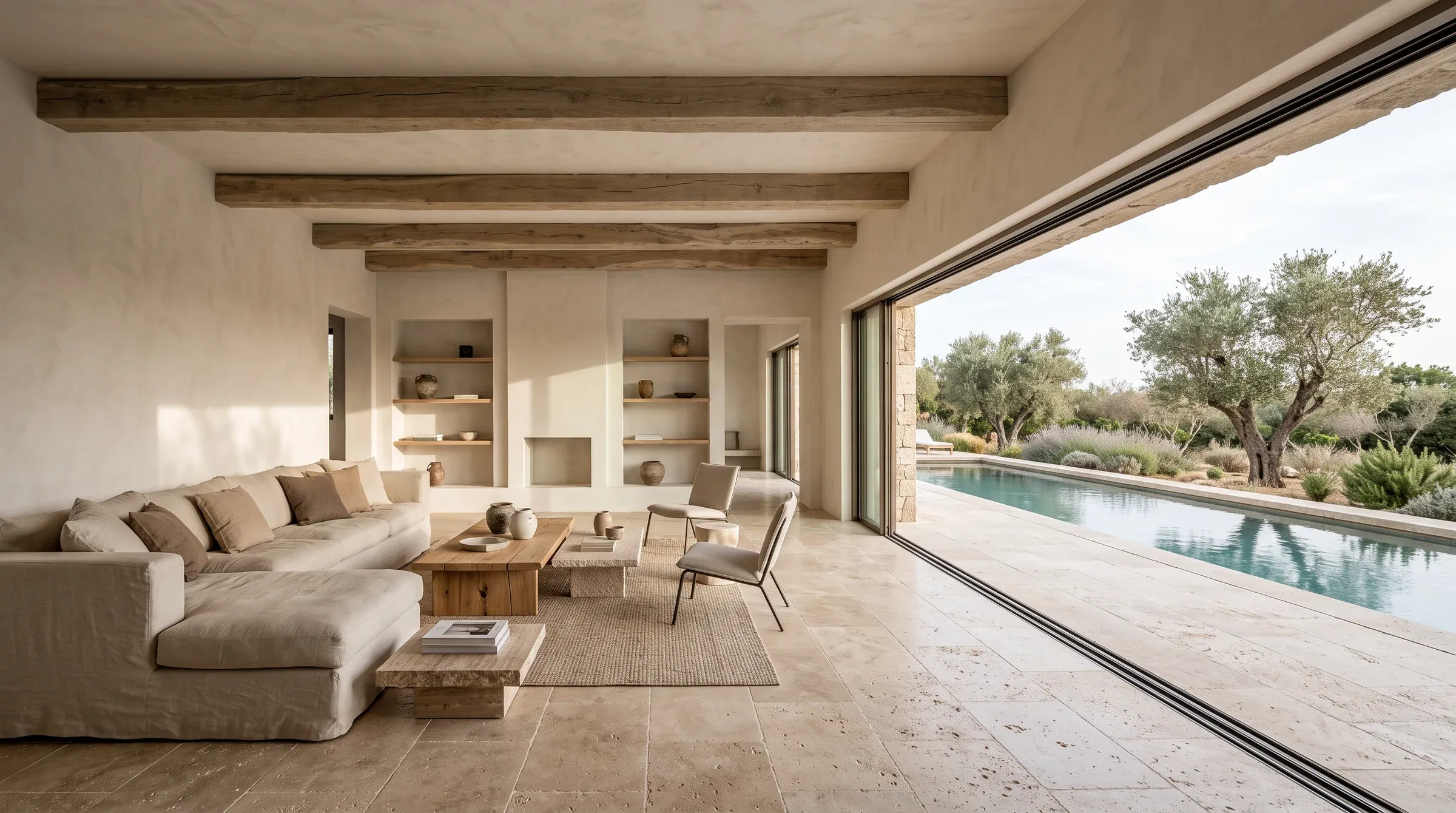 The living room of a villa in travertine and wood, a large window open to the pool.