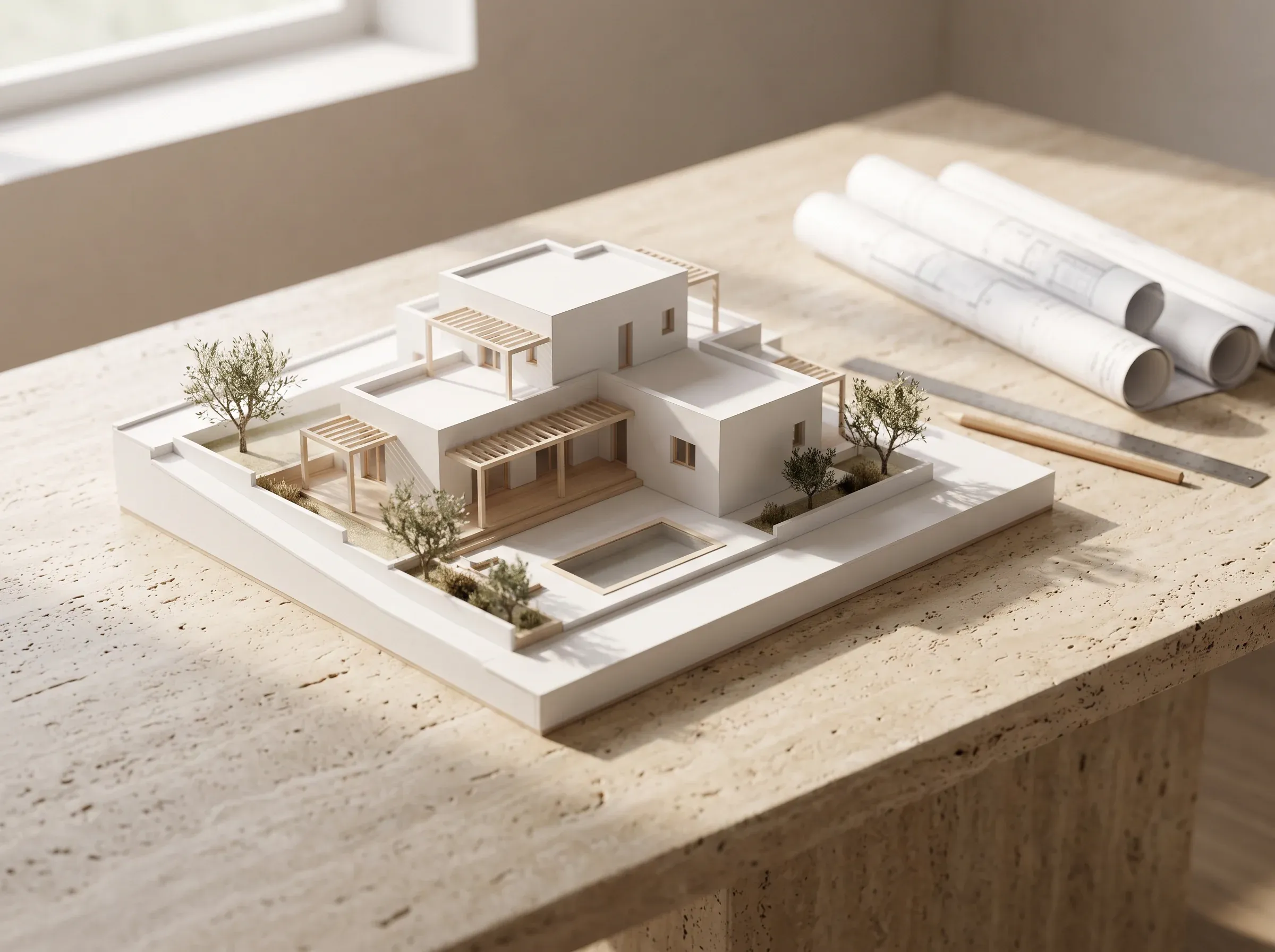 A white architect’s model of a contemporary villa, rolled plans on a travertine table.