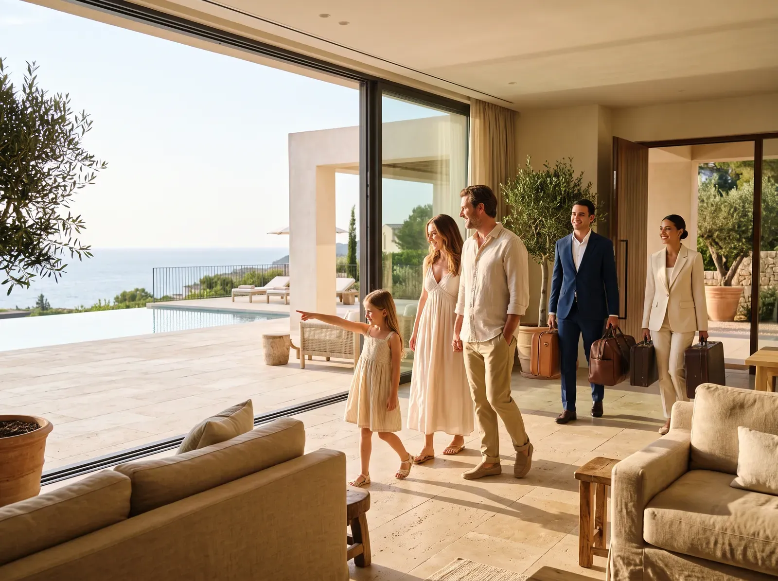 A family discovers a villa opening onto the sea, while two smiling concierges carry their suitcases behind them.