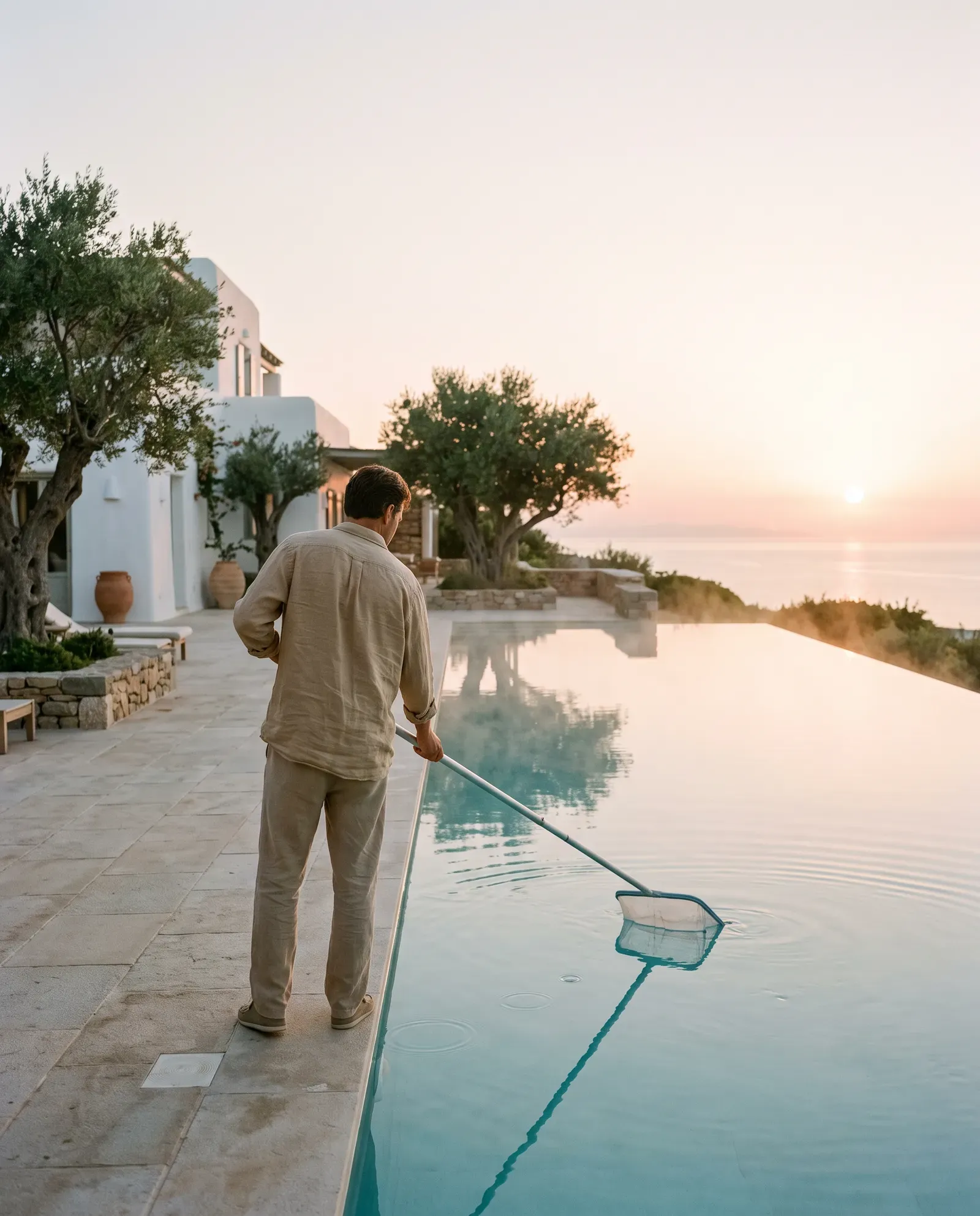 A house steward skims an infinity pool at sunset.